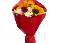 Buquê de Girassol com rosas vermelhas