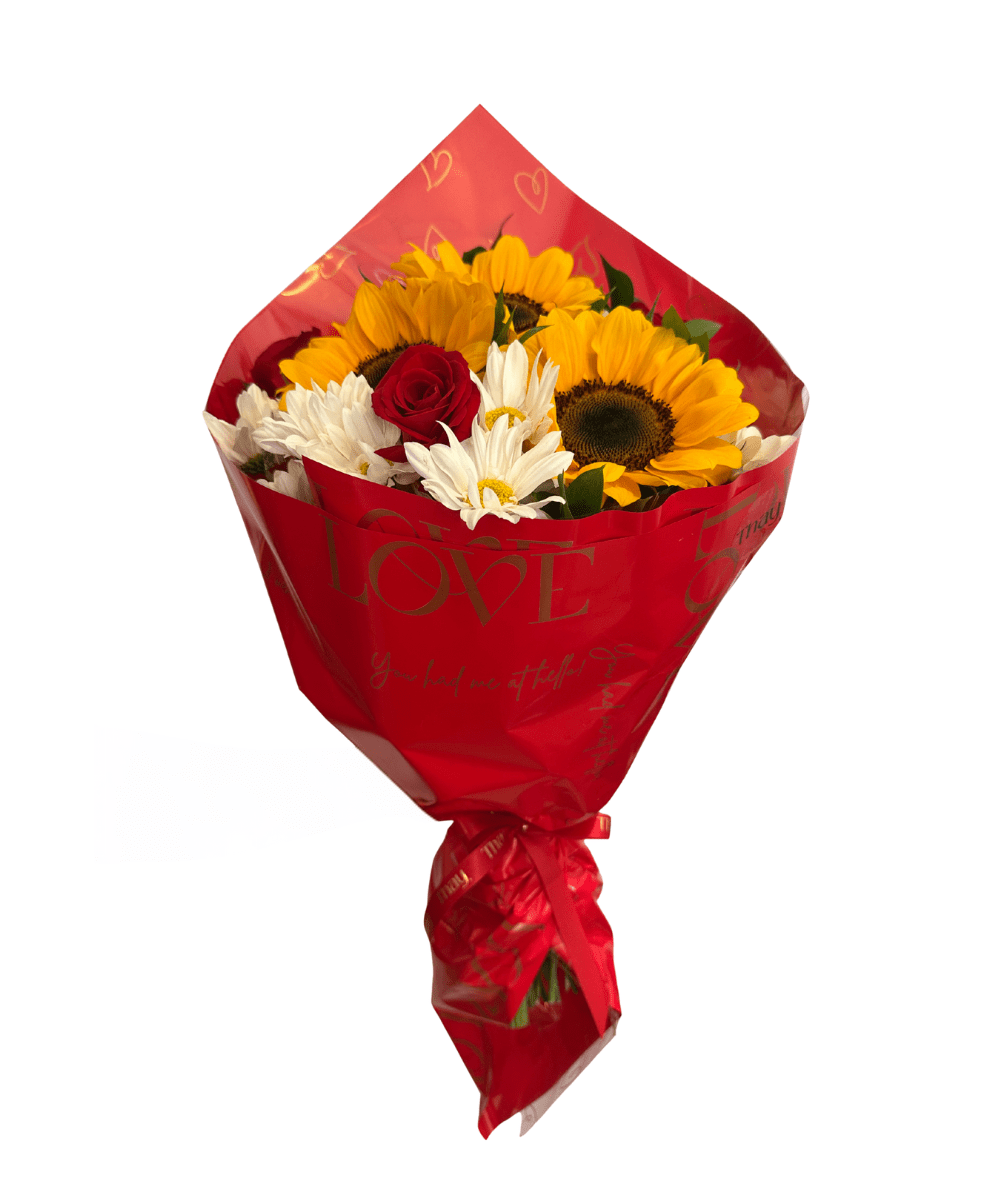 Buquê de Girassol com rosas vermelhas