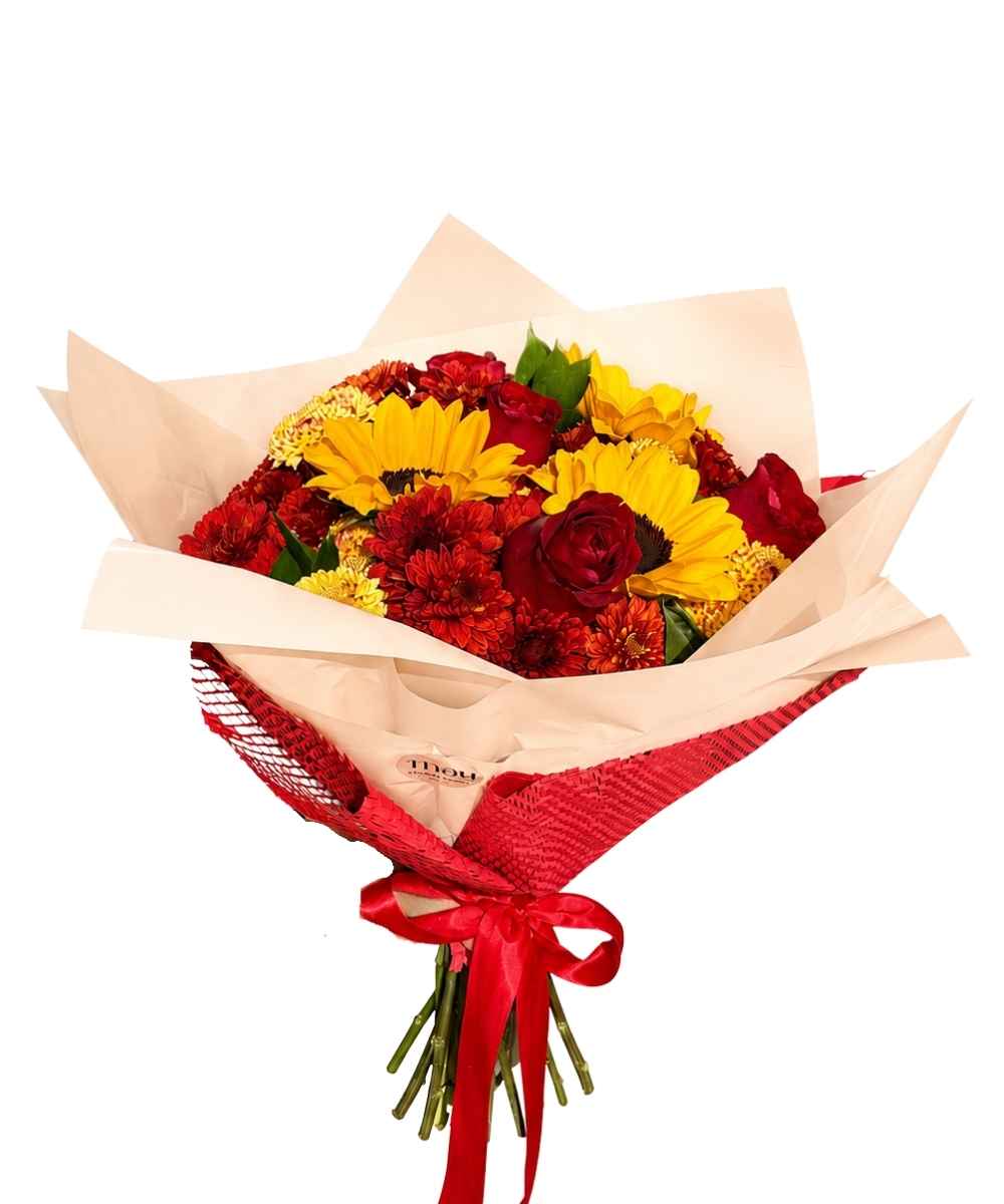Buquê de girassóis com rosas vermelhas para presente em Araruama