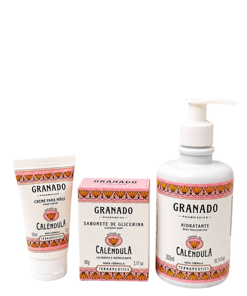 Kit Auto Cuidado Granado com hidratante, creme para mãos e sabonete para presente