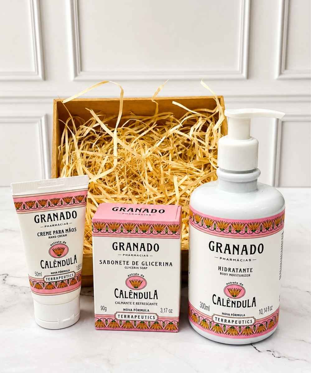 Kit Auto Cuidado Granado com hidratante, creme para mãos e sabonete para presente