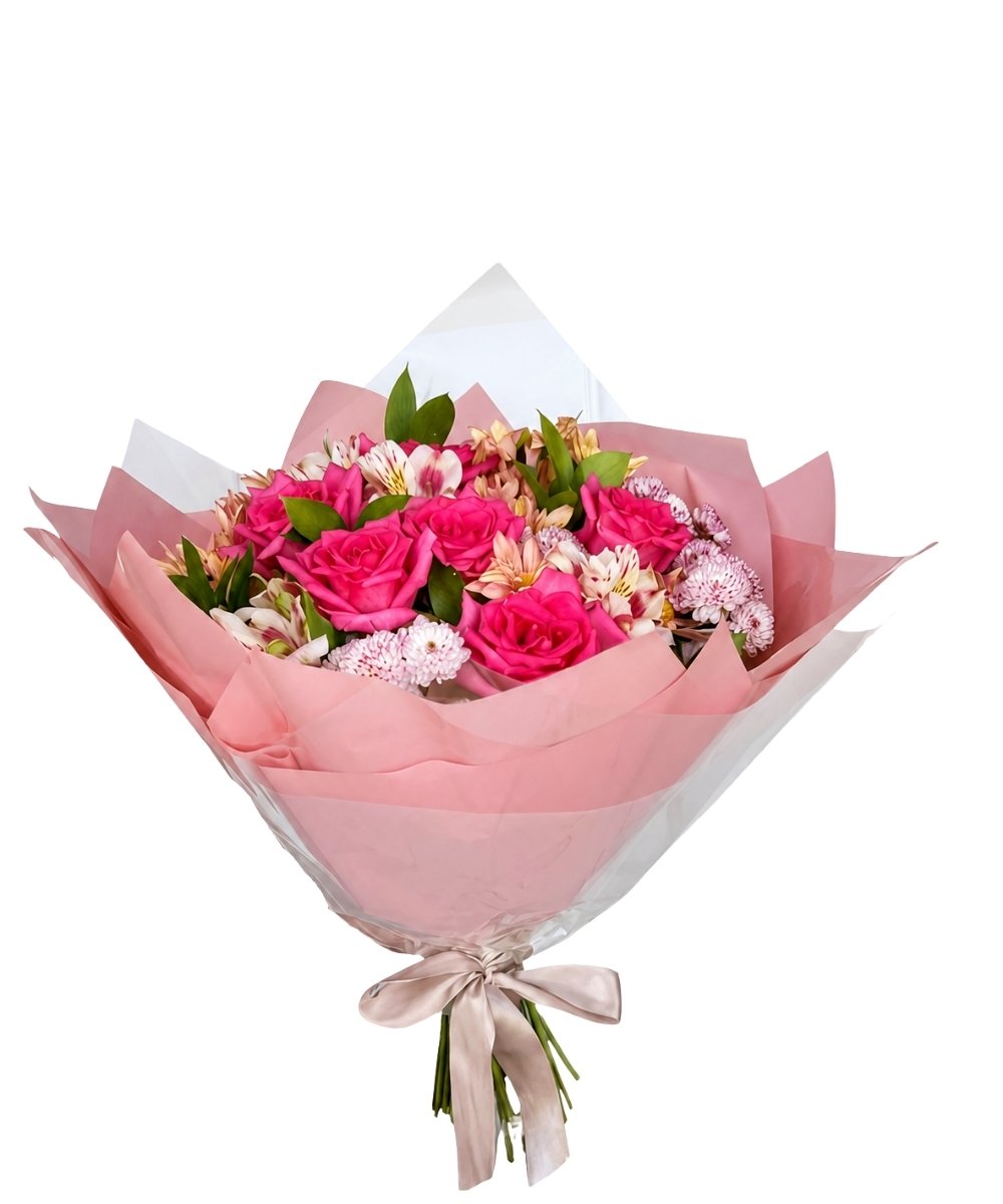 Buquê de rosas cor de rosa importadas com flores complementares em Araruama