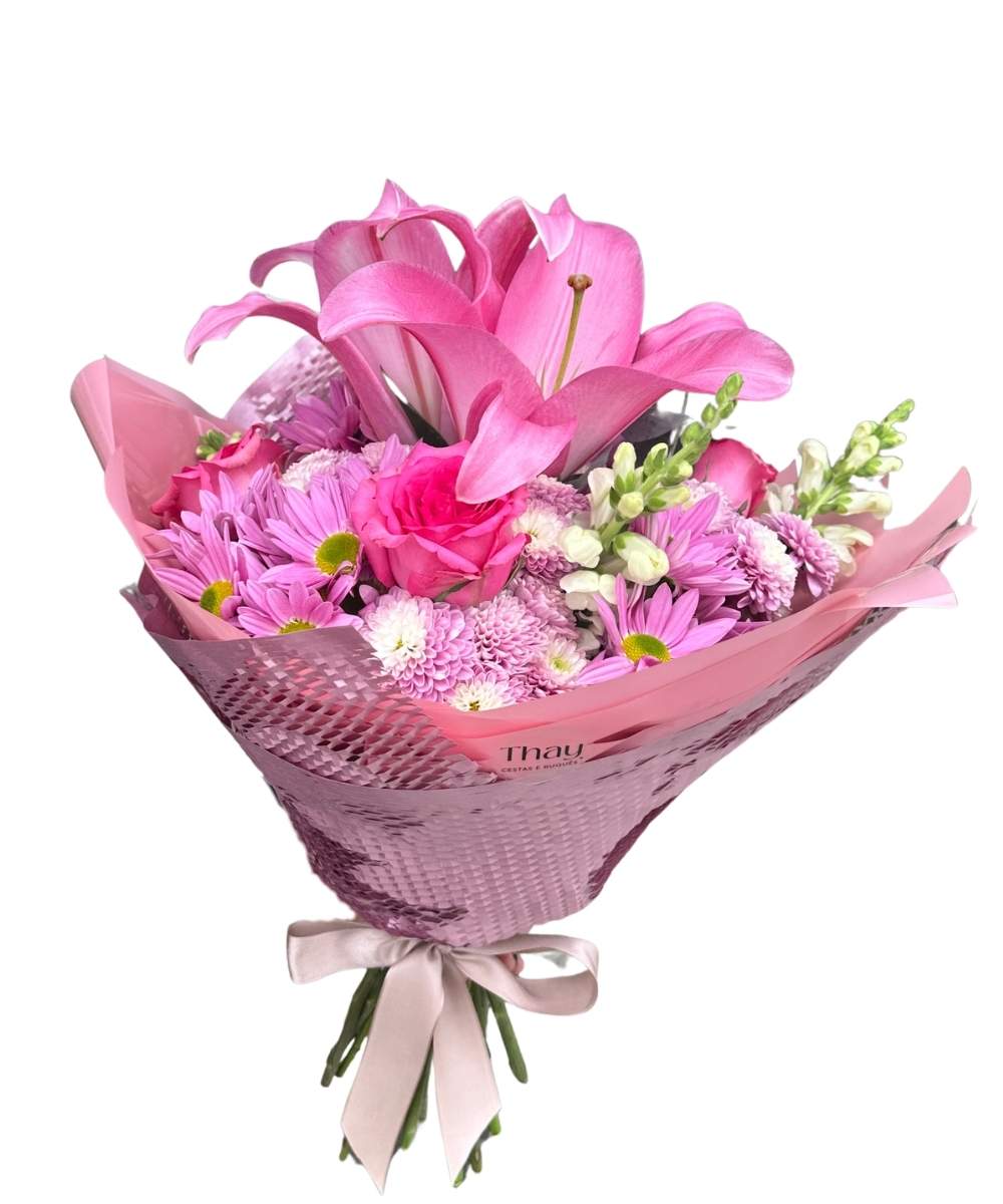 Buquê de lírio rosa com astromélias e flores do campo para presente em Araruama