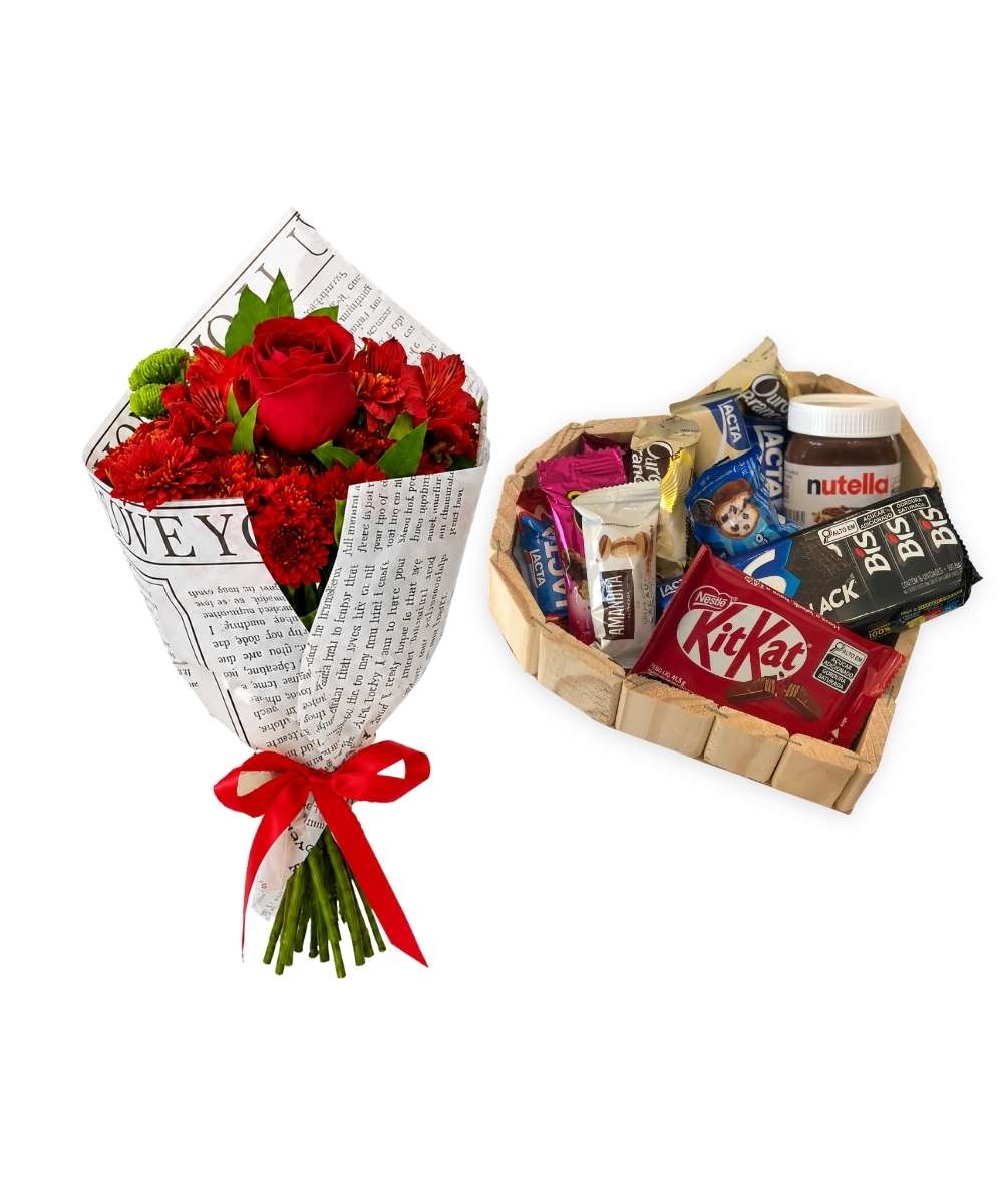Mini buquê de rosa vermelha com coração de chocolate e Nutella para presente em Araruama