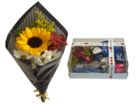 Mini buquê de Girassol + Caixa de bombons