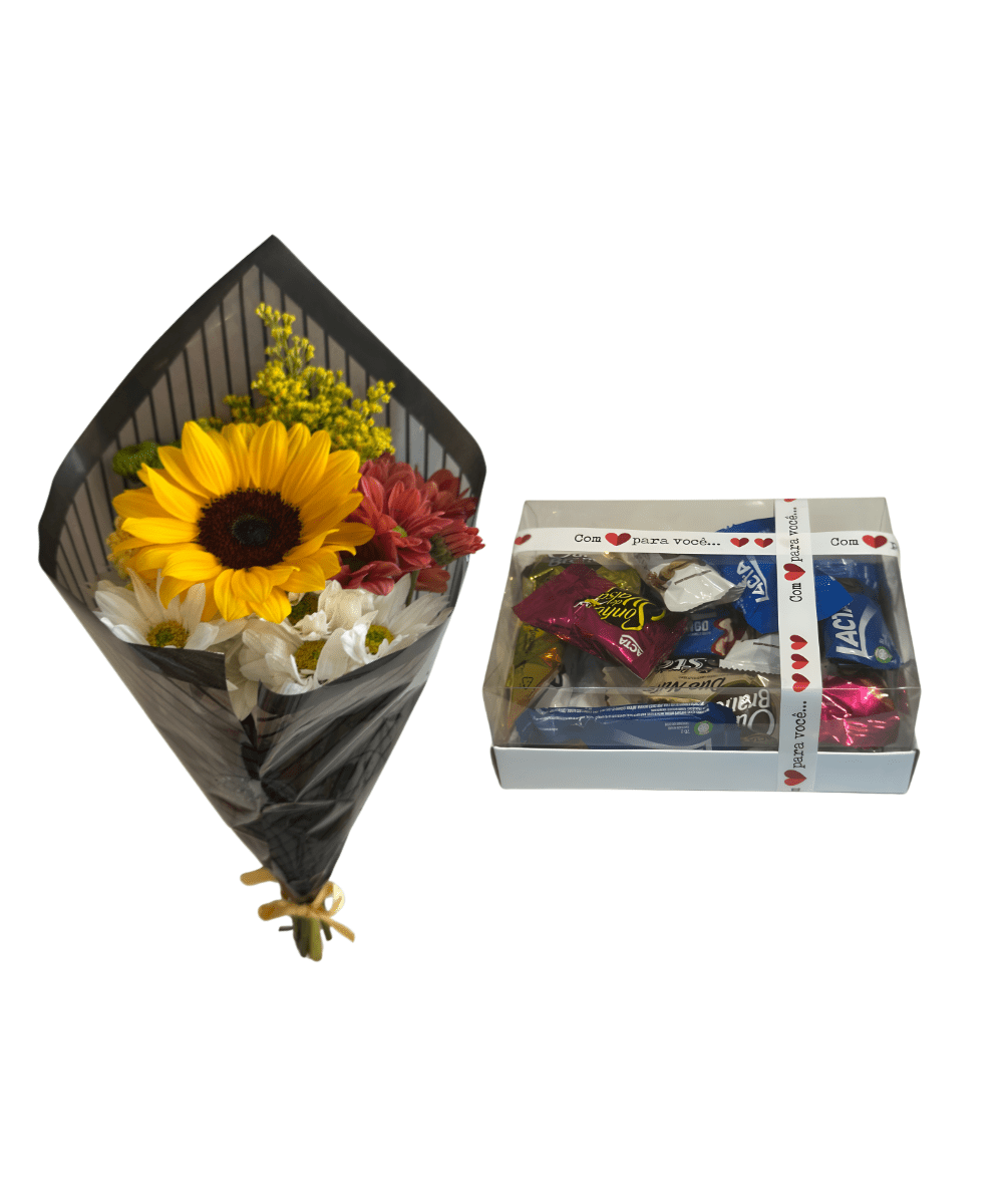 Mini buquê de Girassol + Caixa de bombons