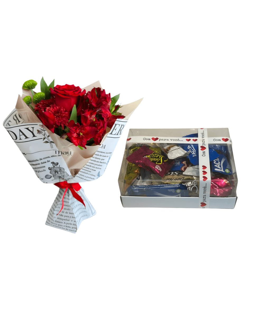 Mini buquê de Rosa + Caixa de Bombons