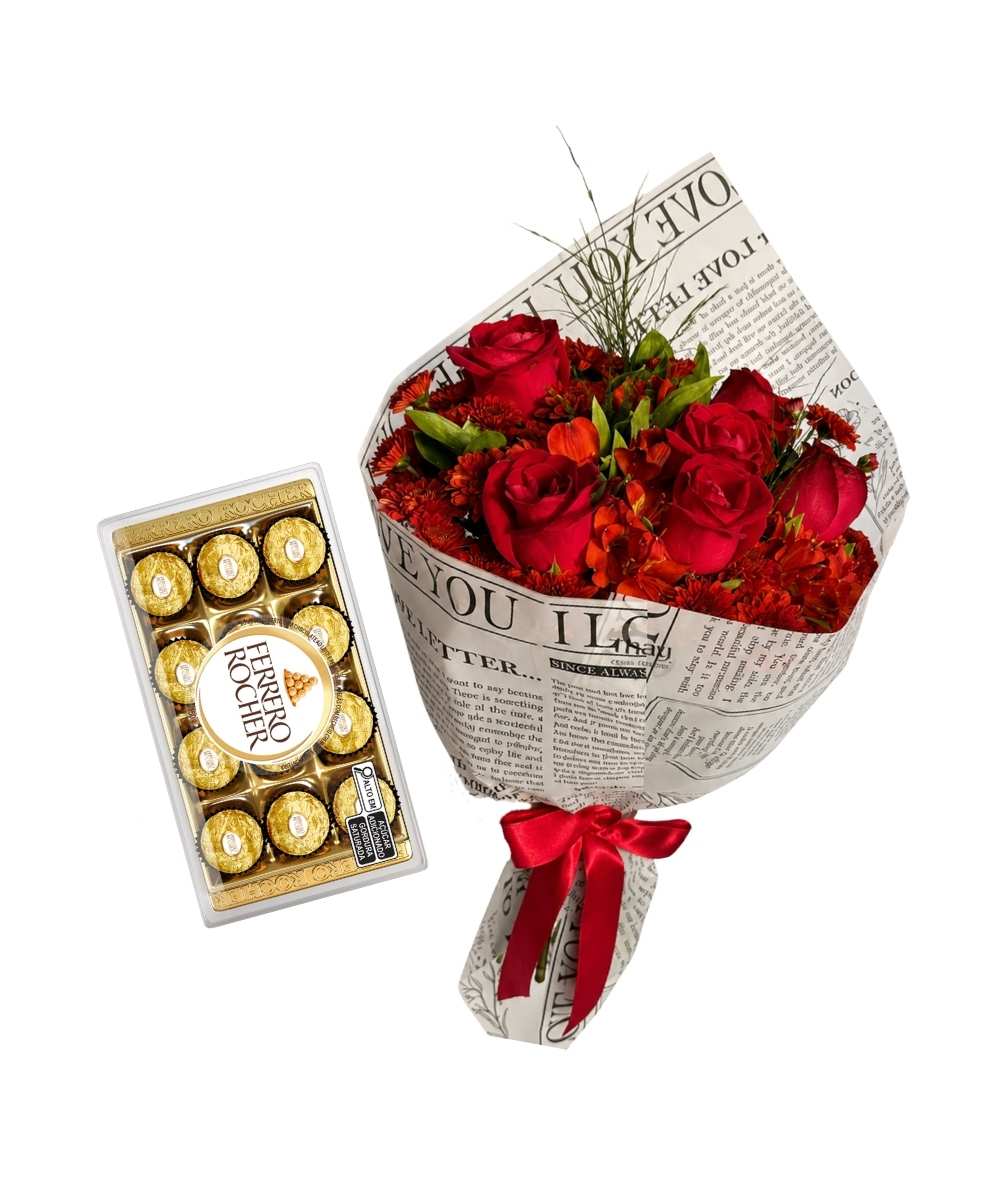 Buquê de rosas vermelhas importadas com Ferrero Rocher T12 para presente romântico em Araruama