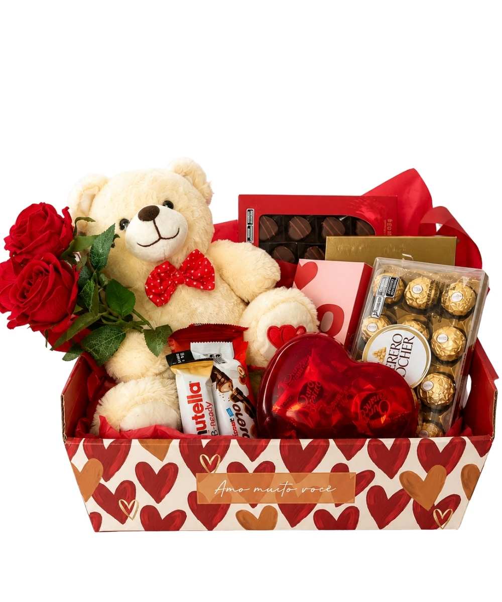 Dia dos Namorados em Araruama | Cestas, Flores e Presentes 25 Cesta Amor Supremo com Ferrero Rocher, Lindt, Cacau Show e pelúcia em Araruama