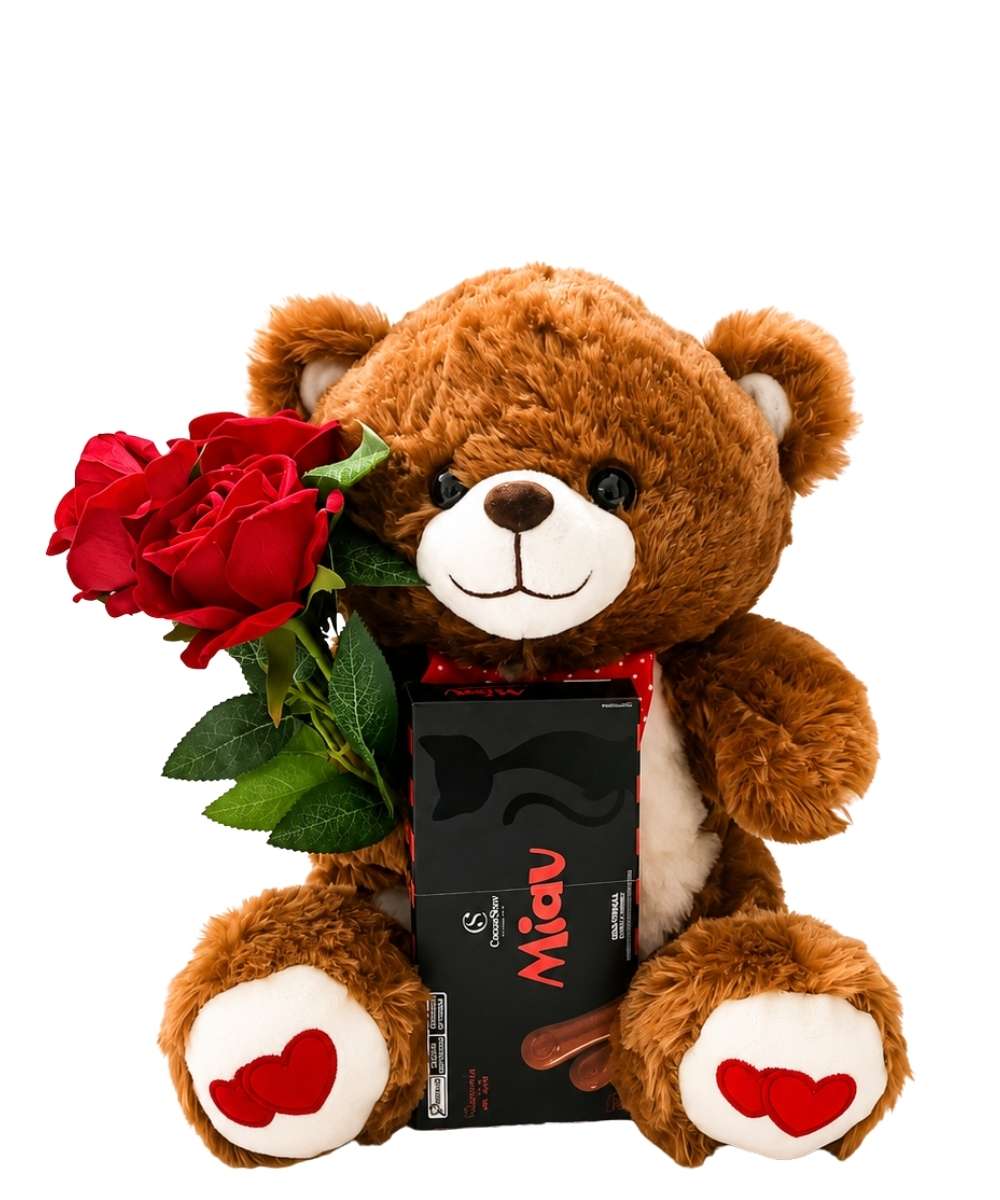 Dia dos Namorados em Araruama | Cestas, Flores e Presentes 75 Urso de pelúcia com rosas e chocolate Miau Cacau Show para presente em Araruama