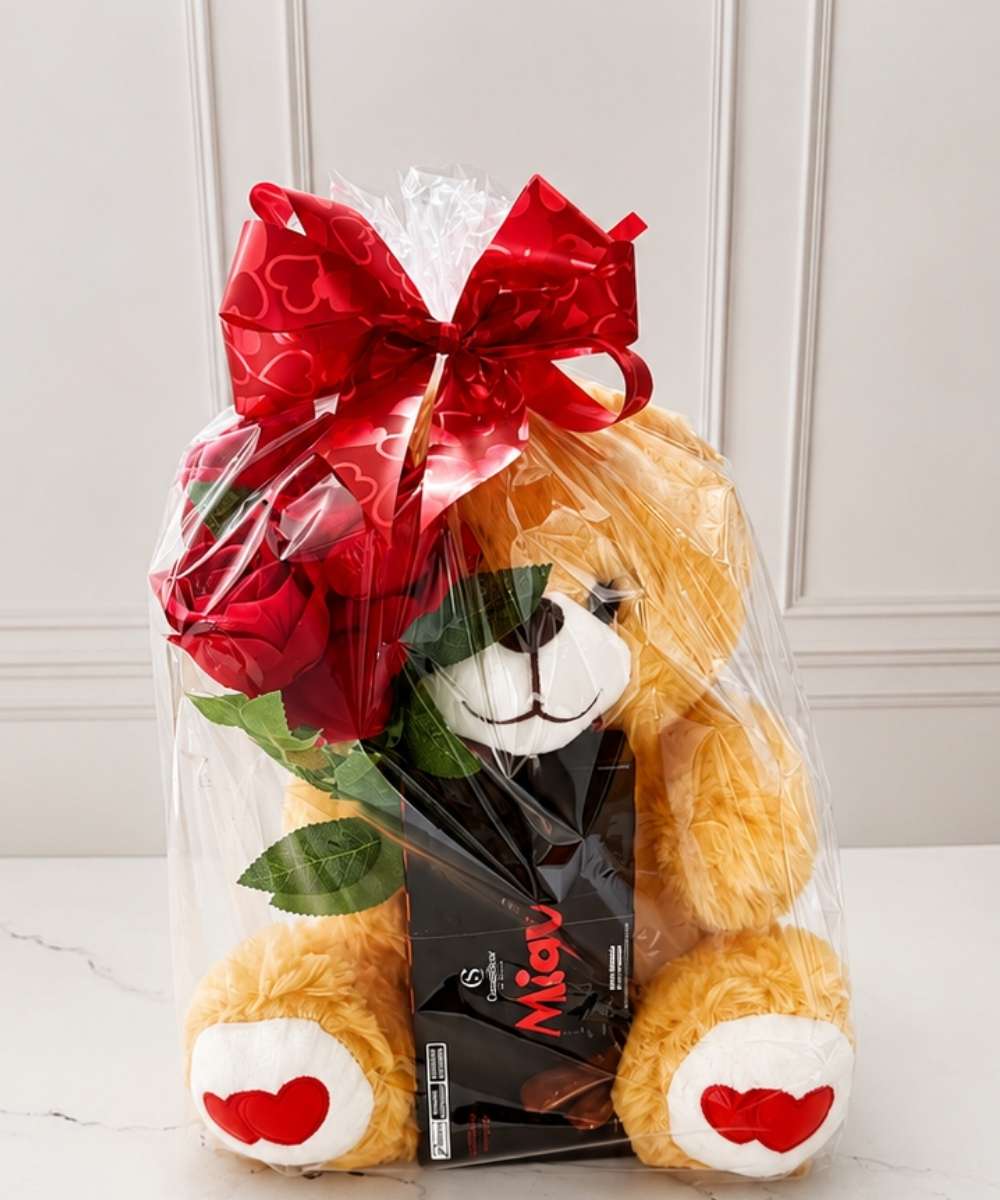 Dia dos Namorados em Araruama | Cestas, Flores e Presentes 76 Urso de pelúcia com rosas e chocolate Miau Cacau Show para presente em Araruama