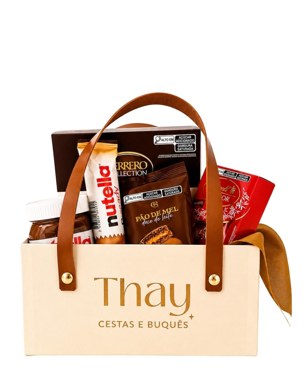 Cesta de chocolate premium com Ferrero Rocher, Lindor e Nutella em Araruama