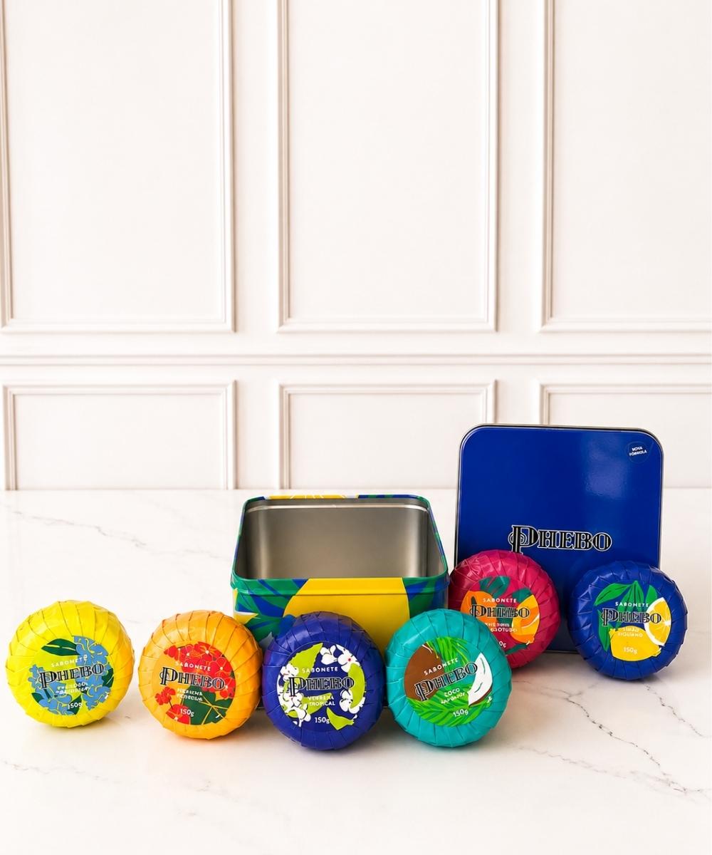 Kit de sabonetes Origens com lata decorativa e seis fragrâncias para presente