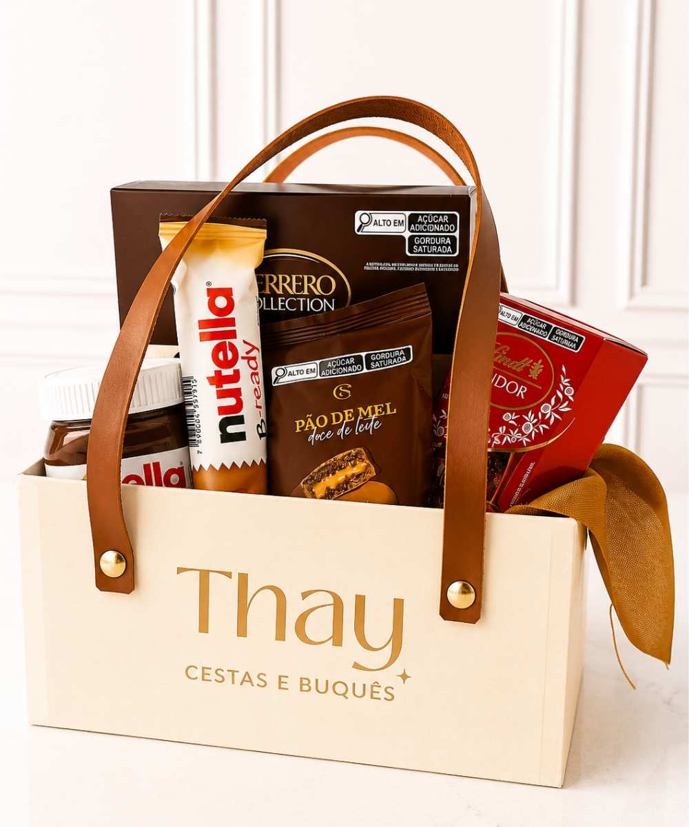 Cesta de chocolate premium com Ferrero Rocher, Lindor e Nutella em Araruama