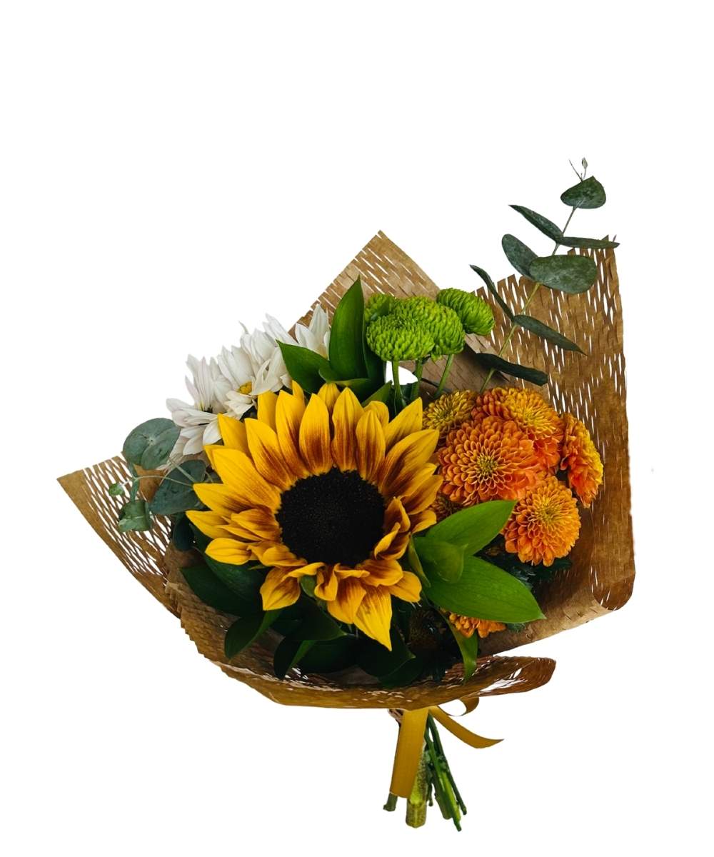 Mini Buquê de Girassol Rustic com Girassol Ziggy, flores do campo, ruscus e eucalipto em Araruama