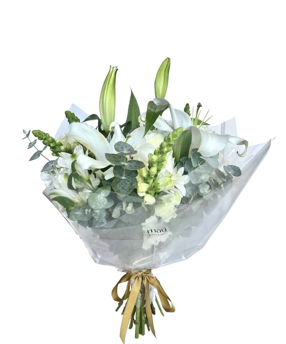 Buquê de Lírio Branco com rosas, margaridas, boca de leão e flores nobres para presente em Araruama
