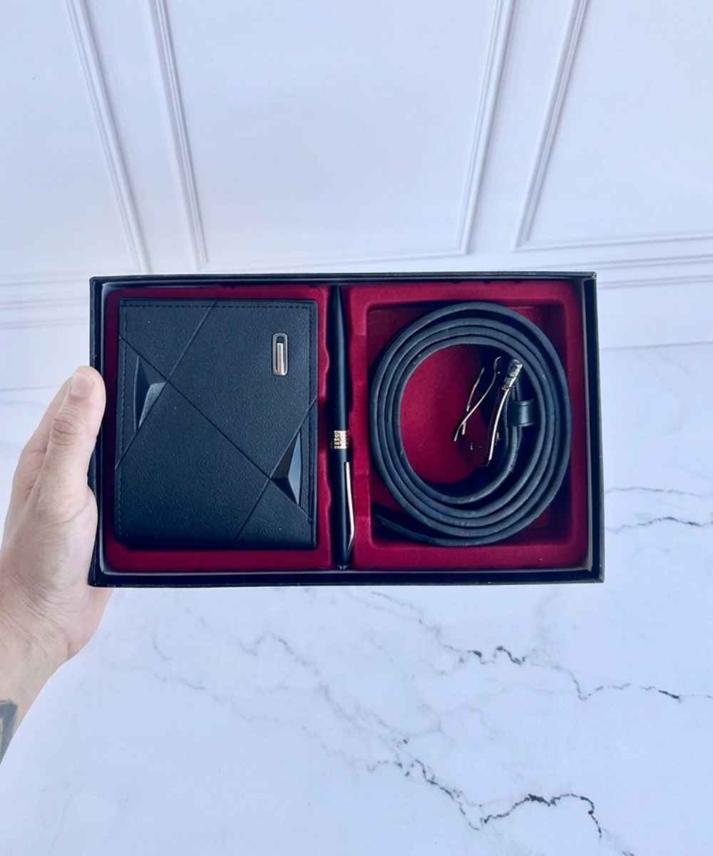 Kit presente masculino com caneta, cinto e carteira em caixa para presente
