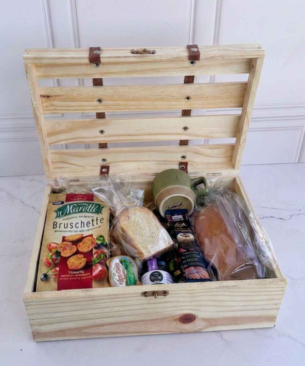 Café da manhã na caixa com bolo, pães, chocolates e bebidas para presente em Araruama