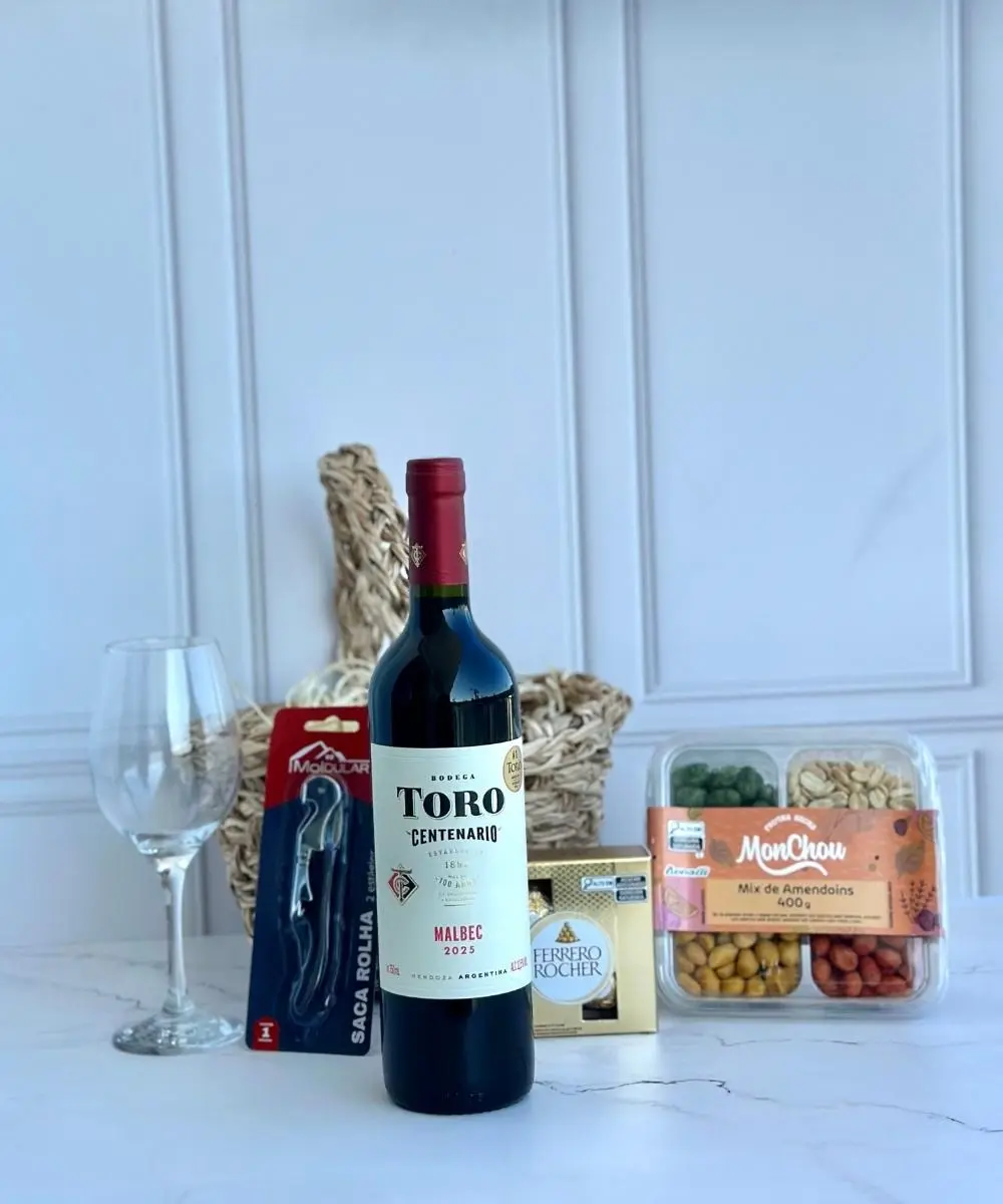 Cesta Vinho 2 Cesta Vinho com Toro Centenario, taça, Ferrero Rocher e petiscos para presente em Araruama