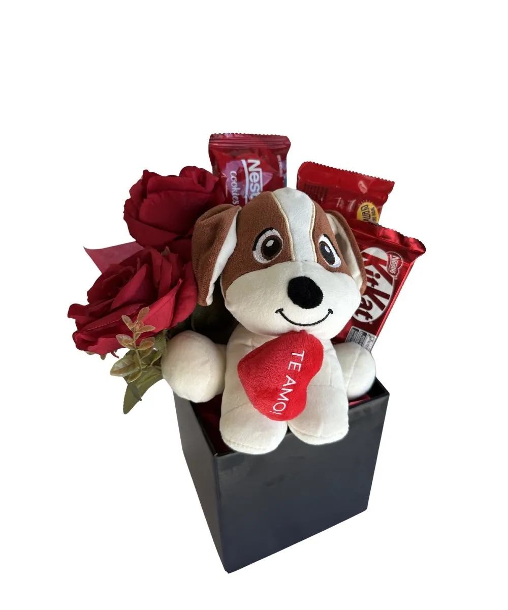 Cesta com rosas eternas, pelúcia e chocolates para presente em Araruama