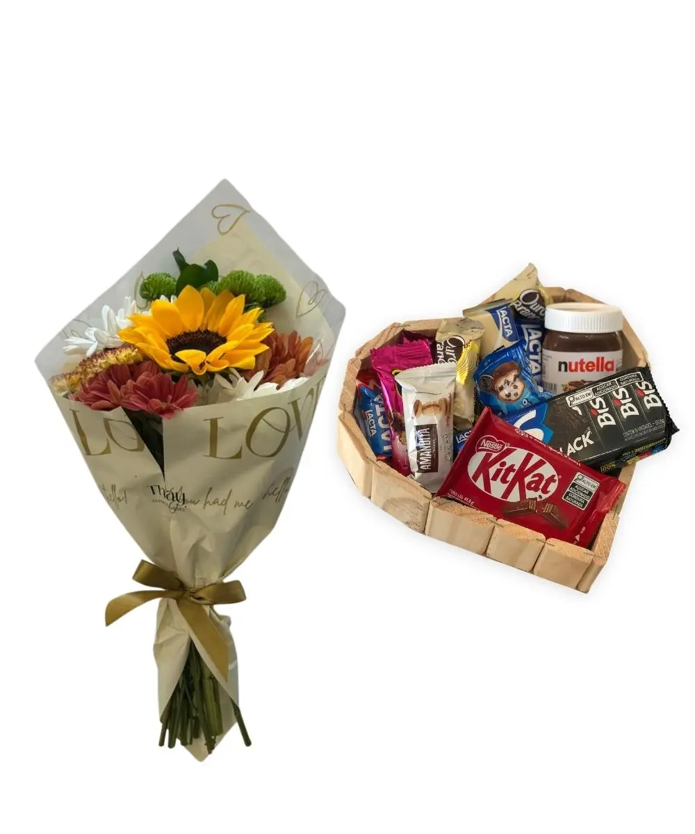 Mini buquê de girassol com Coração chocolate