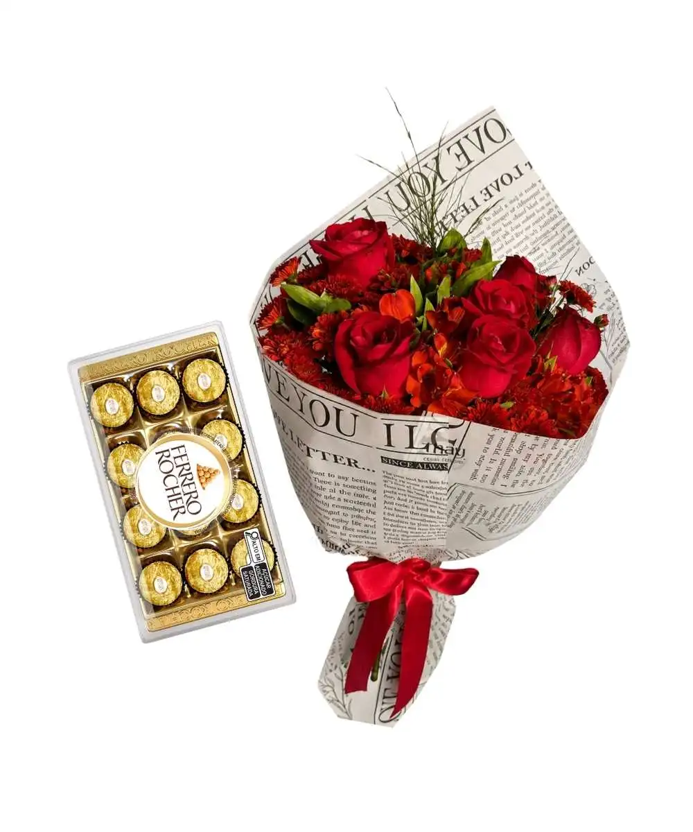 Buquês e Cestas em Araruama | Entrega Rápida - Thay Cestas e Buquês 20 Buquê de rosas vermelhas importadas com Ferrero Rocher T12 para presente romântico em Araruama