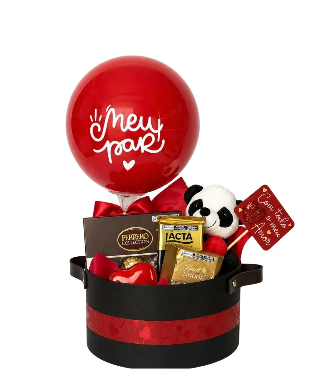 Buquês e Cestas em Araruama | Entrega Rápida - Thay Cestas e Buquês 23 Cesta Meu Par com chocolates premium e pelúcia para presente romântico em Araruama