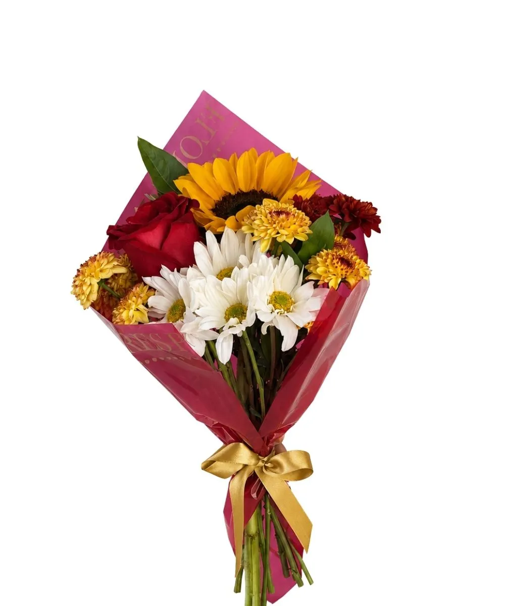 Mini buquê de girassol com rosa vermelha importada para presente em Araruama