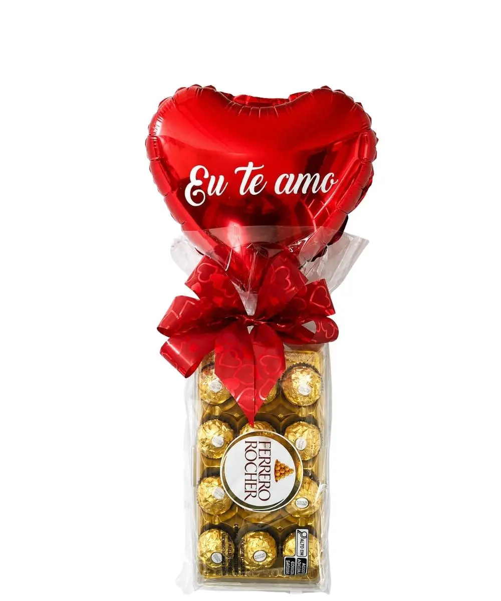 Buquês e Cestas em Araruama | Entrega Rápida - Thay Cestas e Buquês 38 Ferrero Rocher com balão Eu Te Amo para presente romântico em Araruama