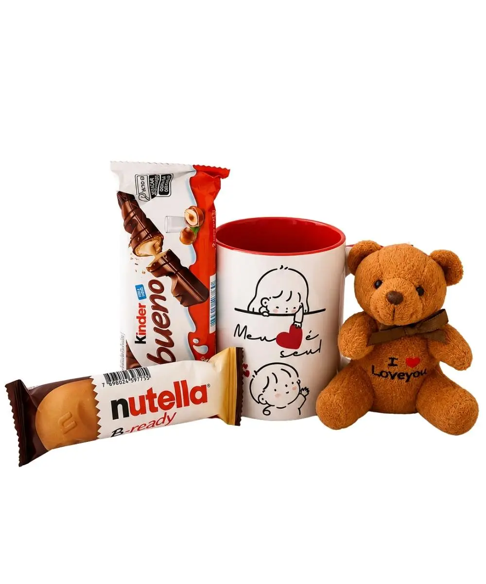 Caneca Love personalizada com chocolates e ursinho de pelúcia em Araruama