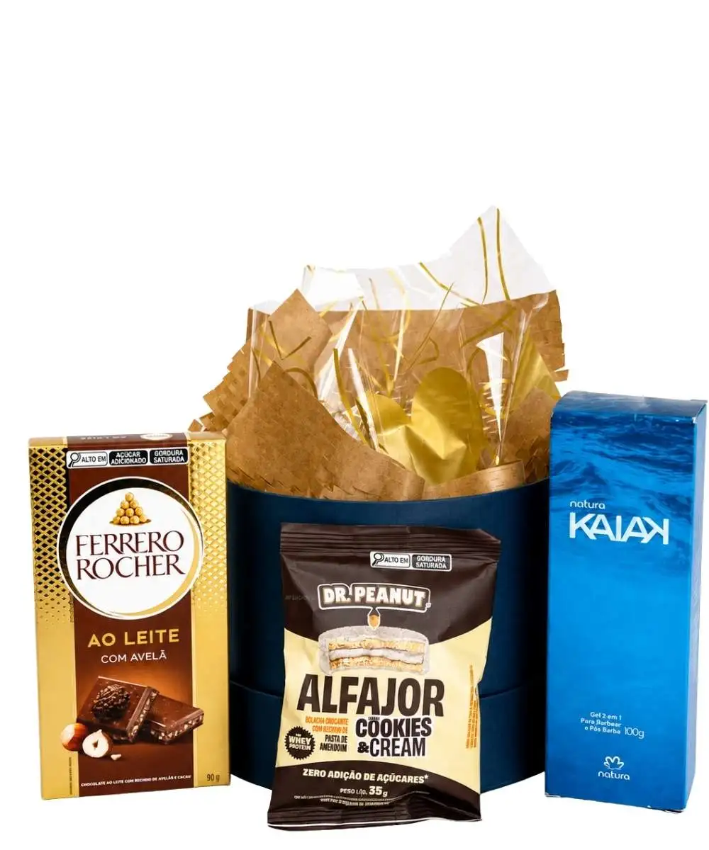 Presentes para o Dia dos Pais em Araruama | Cestas, Chocolates e Presentes Especiais 11 Cesta Blue Collection com Kaiak, Ferrero Rocher e alfajor para presente masculino em Araruama