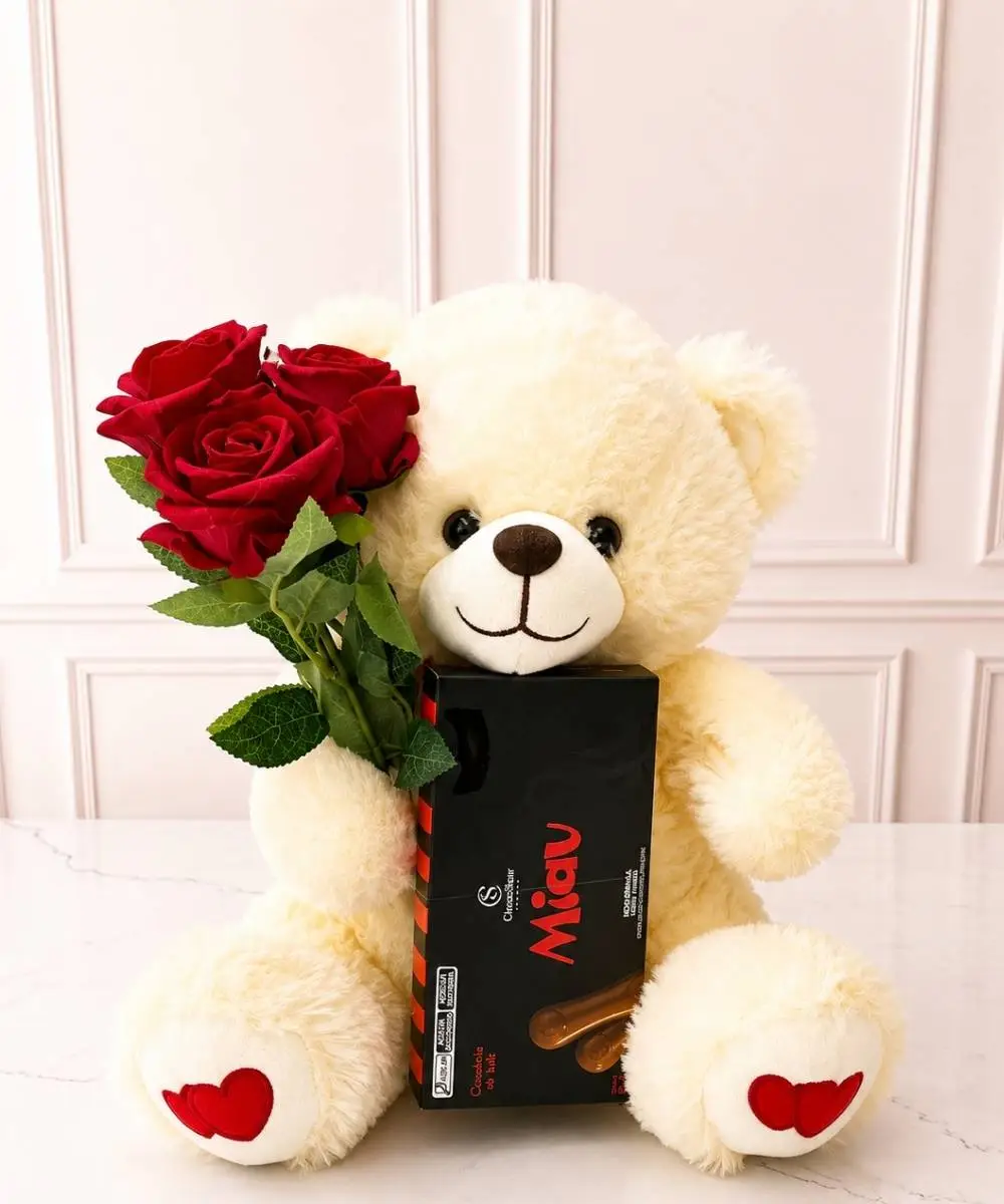 Pelúcia Chocolate 3 Urso de pelúcia com rosas e chocolate Miau Cacau Show para presente em Araruama