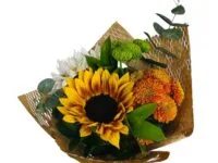 Mini Buquê de Girassol Rustic com Girassol Ziggy, flores do campo, ruscus e eucalipto em Araruama