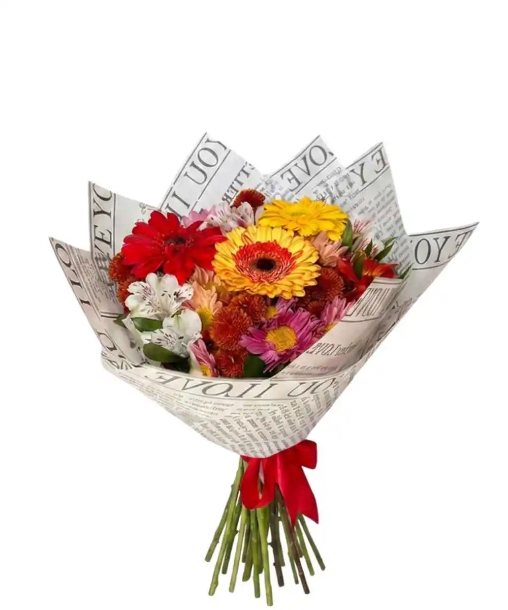 Buquê com 3 gérberas coloridas e flores do campo para presente em Araruama